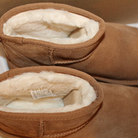 NEW UGG WOMEN'S ULTRA MINI PLATFORM SUEDE SHEARLING LINED BOOTIES CHESTNUT - Picture 3 of 8